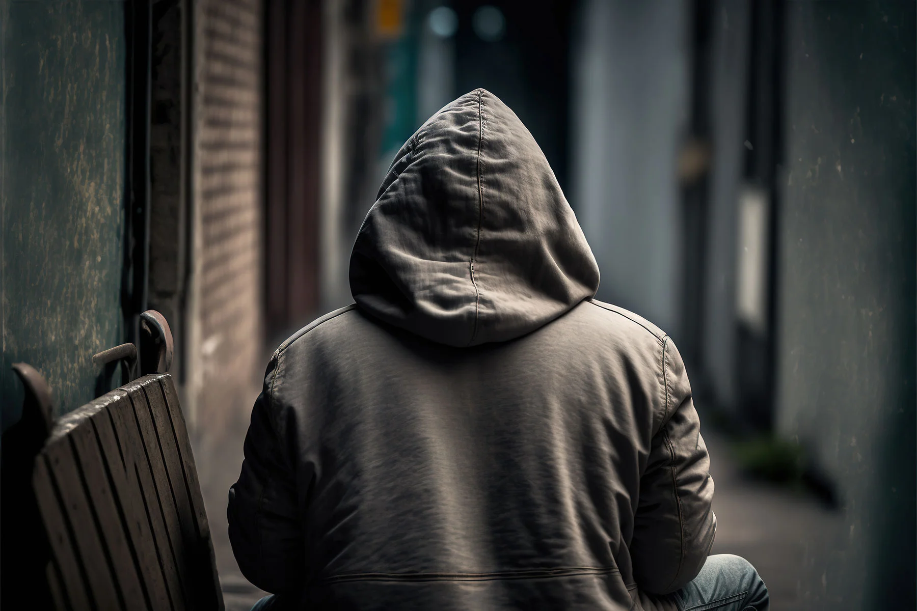 person walking down dark alley at night while showing signs of fentanyl addiction